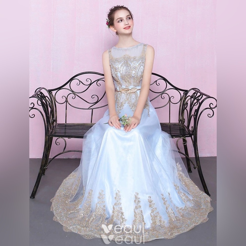 Elegant Long Evening Dress With Sequins Blue Tulle Dress With Sash
